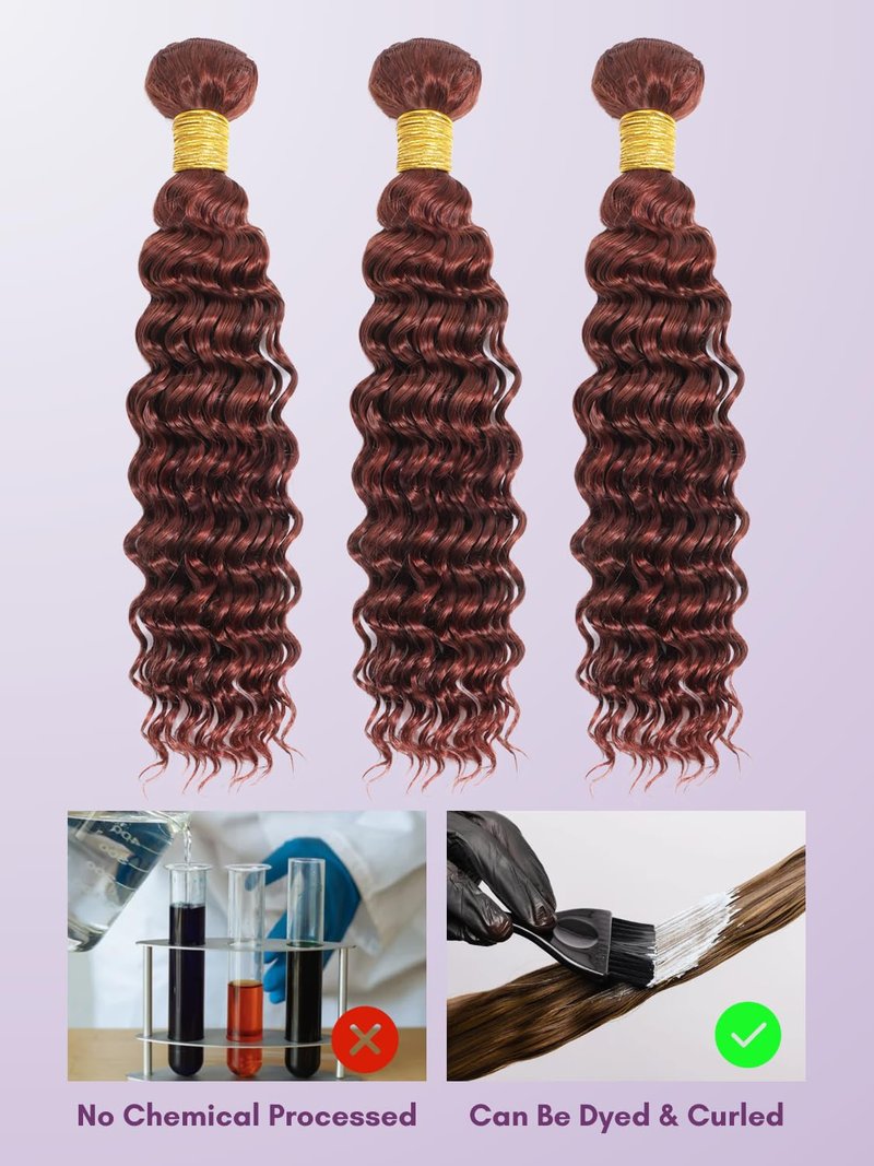 AUROO Reddish Brown Curly Human Hair, Thick Track Auburn Copper Red Colored Deep Wave Single Bundles 100% Virgin Human Hair Bundles #33b Remy Sew in 14 inch