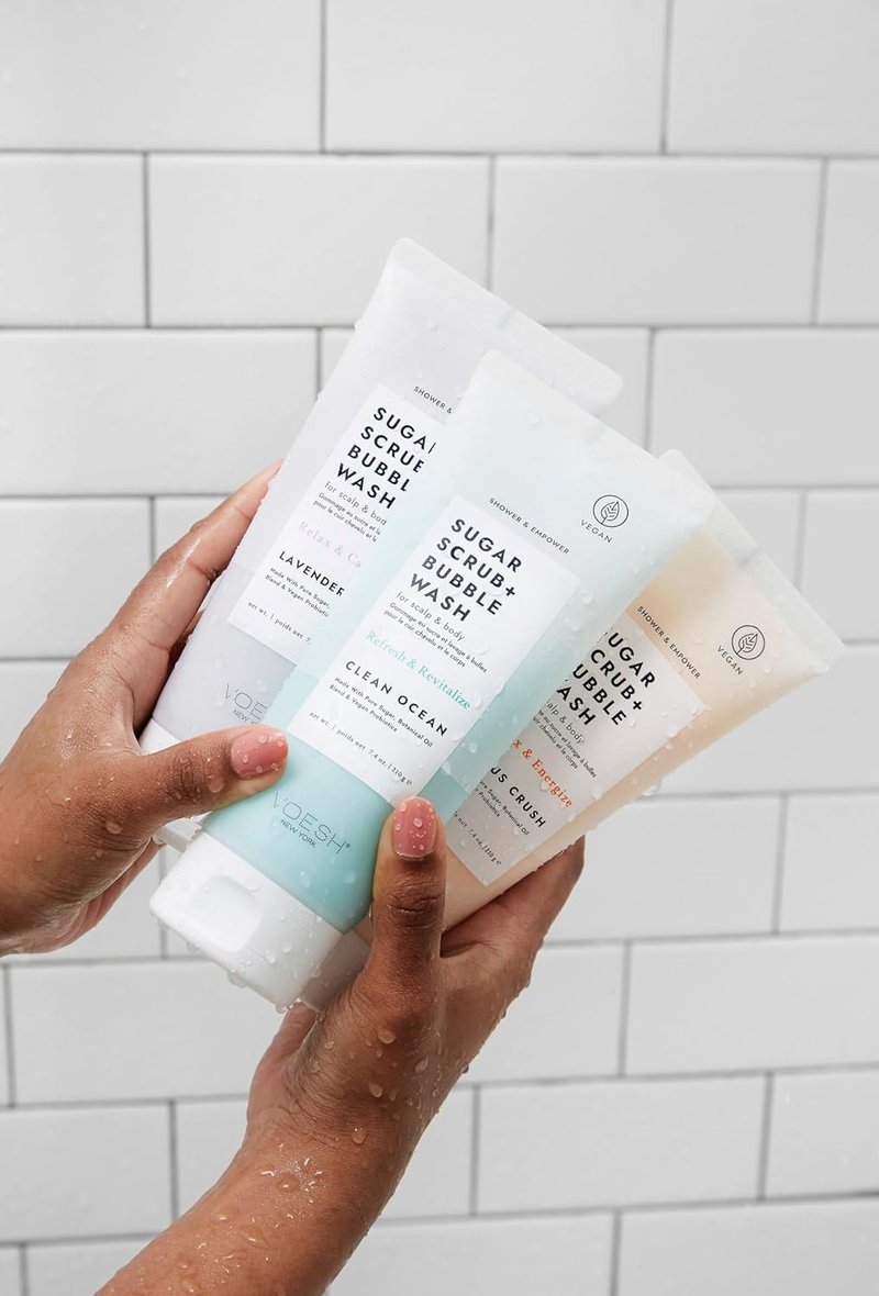 VOESH Sugar Scrub & Bubble Wash - Exfoliating Body Wash for Scalp Care | Rainforest Mist, Vegan Formula