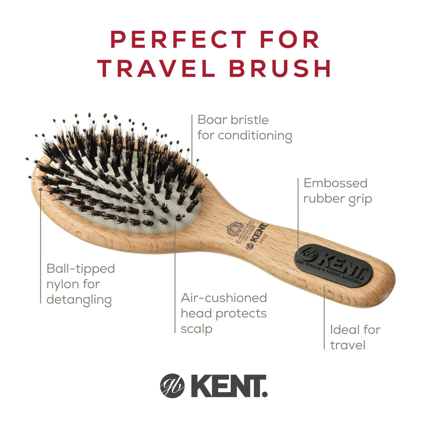 Kent PF02 Small Cushion Detangler Brush – Boar Bristle & Nylon Mix for Smoothing and Straightening Oval Wood Paddle for Medium to Long Hair