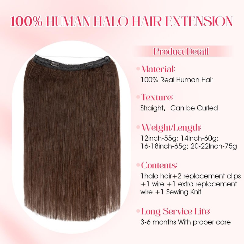 Rich Choices 100% Real Human Halo Hair Extensions Remy Short Invisible Wire Halo Hair Extensions Human Hair Clip in Hair Piece Straight 12 Inch #2 Dark Brown
