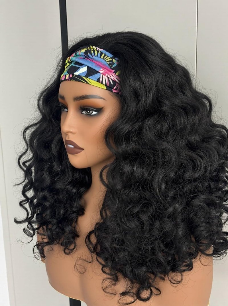 Emistar YAKI Body Wave Headband Wig Loose Curly Heabdand Wigs Glueless Synthetic Hair Natural Black Wigs for Black Women None Lace Front Wigs Headband Wigs 150% Density (Short)