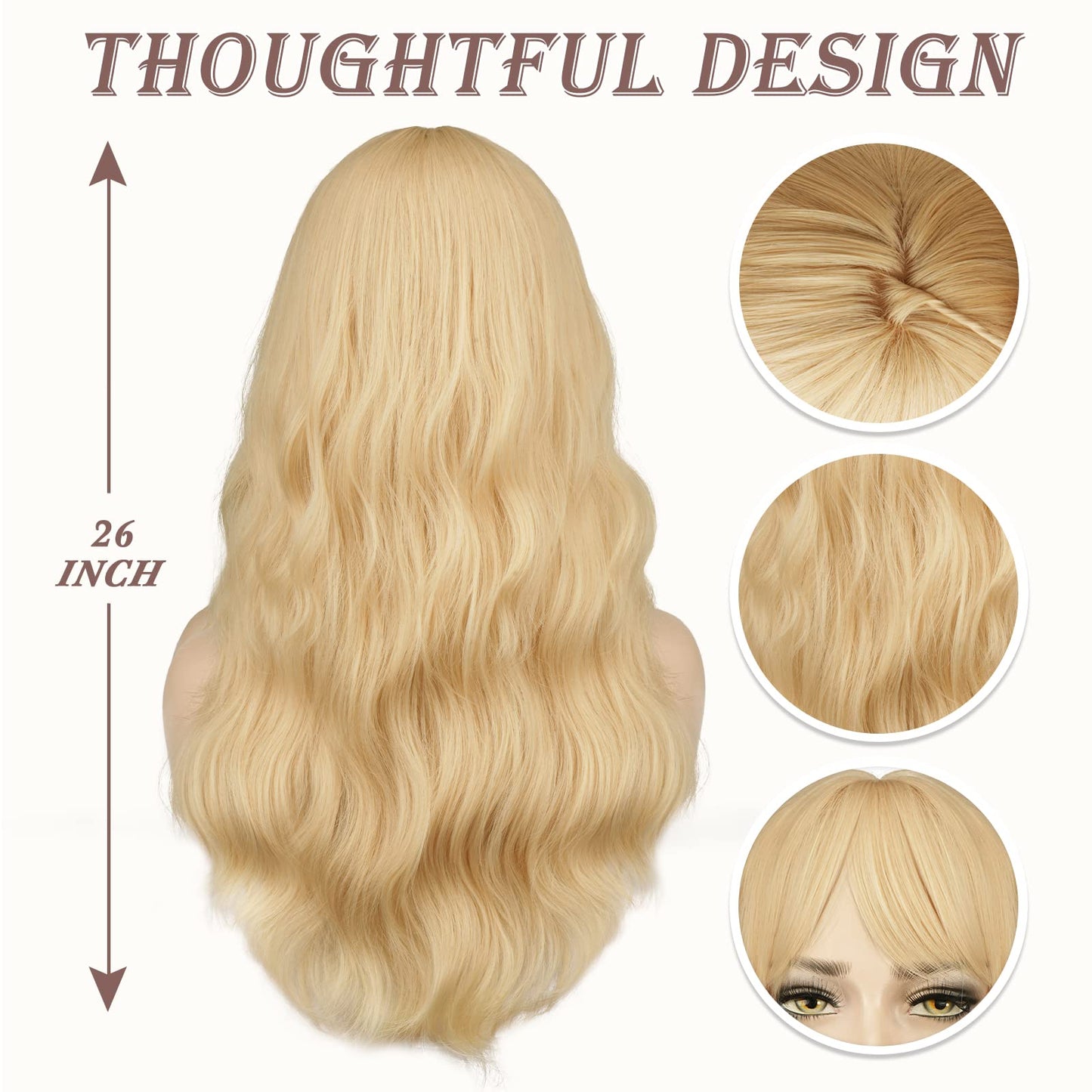 BARSDAR Long Wavy Blonde Wig With Bangs - 26 Inch Long Wavy Blonde Wig with Bangs for Women - Thick Soft Synthetic Hair Replacement Wigs Natural Looking Daily Cosplay Party Halloween