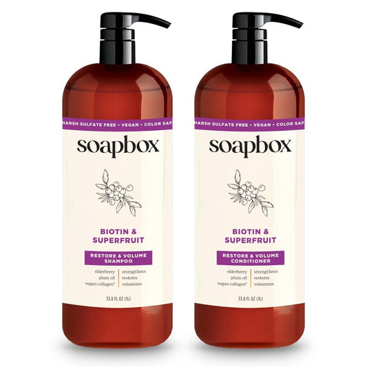 Soapbox Biotin & Super Fruit Shampoo & Conditioner Set, Leaves Hair Volumized & Strengthened - Clean Ingredients Free of Harsh Chemicals, Sulfates, Parabens & Silicones - 1 Liter Each