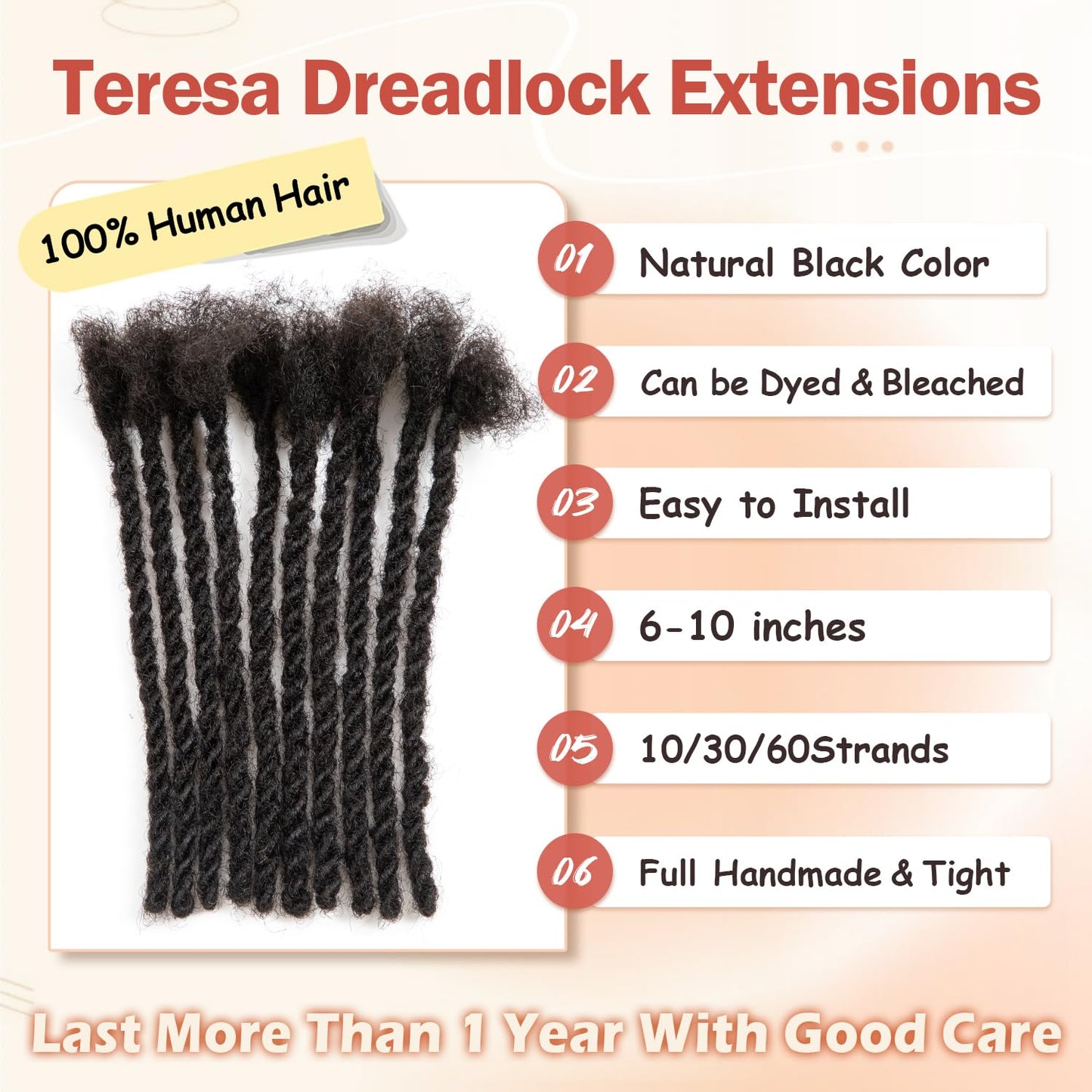 Teresa 0.6cm Width Starting Locs with Two Strand Twists Human Hair Dreadlocks Styled Retwisting Starter Loc Extensions Human Hair For Men and Women (1B/10 Strands, 10 Inch)