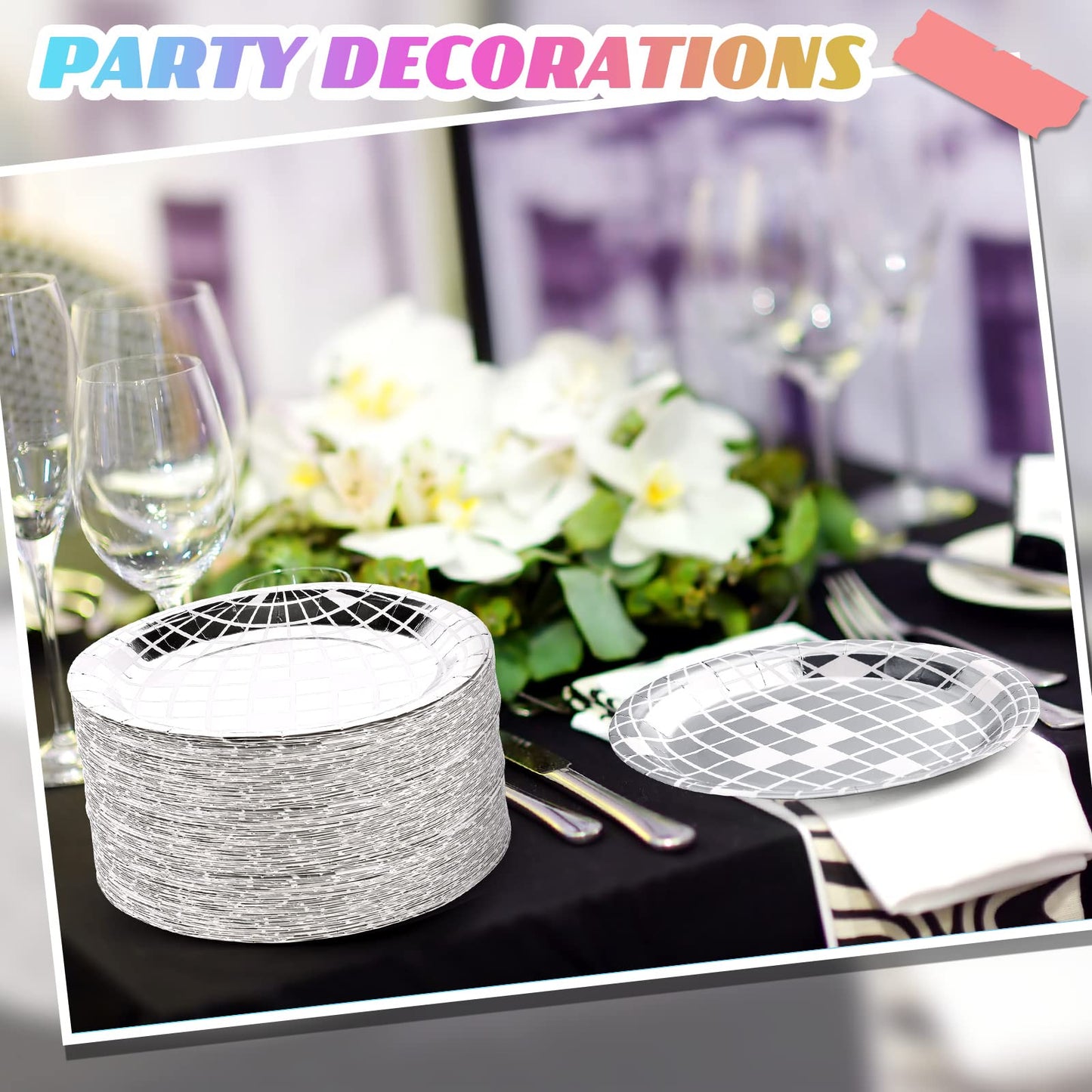 Funtery 50 Pcs Disco Plates 9'' Silver Paper Plates 70s Party Decorations Disposable Disco Dessert Dinner dish Dancing Queen Cowgirl Party Decorations for New Year's Eve 2026