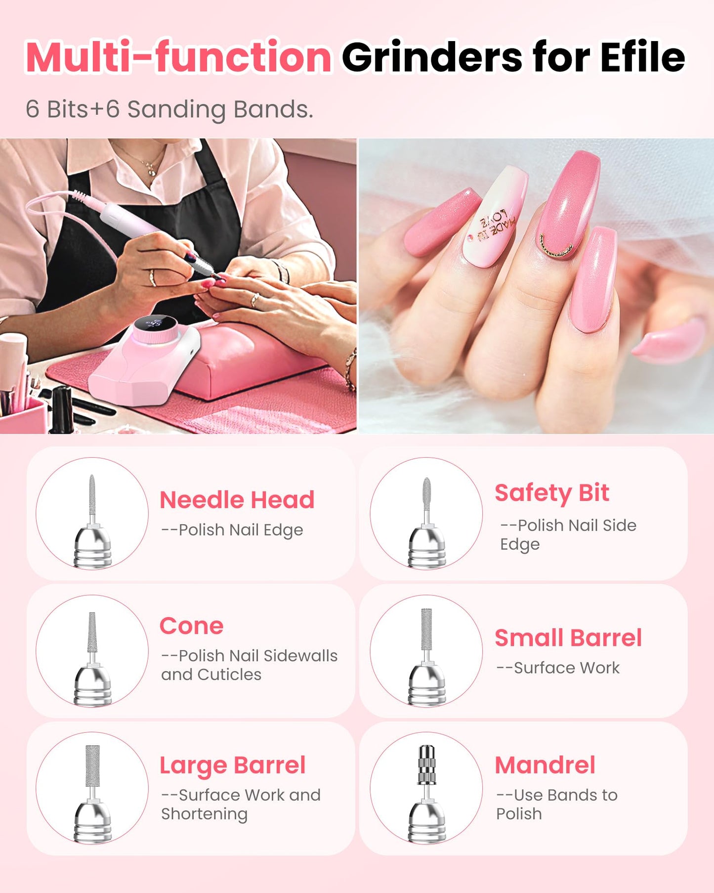 KISUFU Professional Nail Drill for Nail Technicians - 45000RPM Electric Nail File with 1800mAh Battery - Portable E-File with Digital Display and Belt Clip - Gradient Pink Manicure Set with 6 Bits.