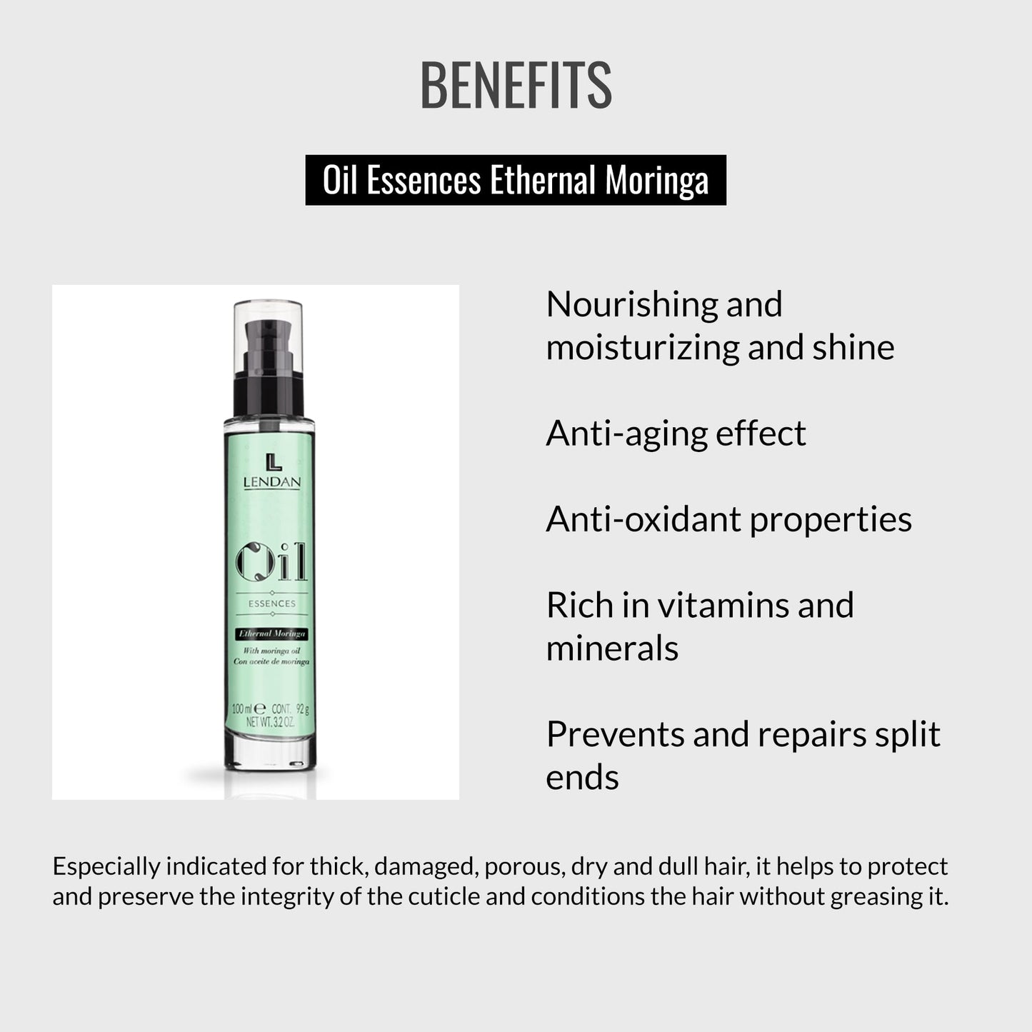 Lendan - Hair Oil with Moringa Oil - Oil Essences Ethernal Moringa - 100 ml - Hair Serum - Hair Rejuvenator - Hydrates, Nourishes, and Strengthens Hair