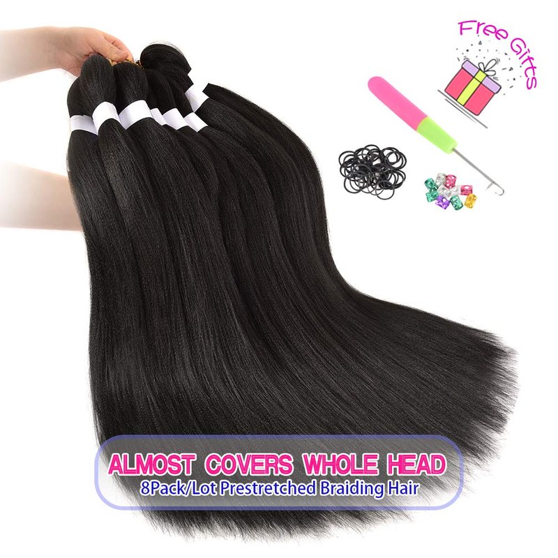 8 Pack Braiding Hair Pre Stretched - 26" 100G/Pack Premium Pre Stretched Braiding Hair Extensions, Professional Itch Free Hot Water Setting Perm Yaki Texture Prestretched Hair(1B)
