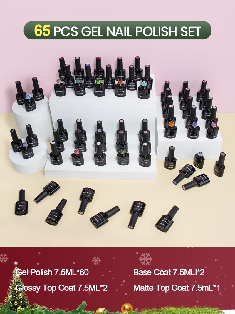 60 Pcs Gel Nail Polish Set 55 Nude Colors Nail Poilsh Kit with Base Matte & Glossy Top Coat Glitter Nail Polish Professional Manicure Kit Nail Supplies for Women Starter Nail Art Salon DIY at Home