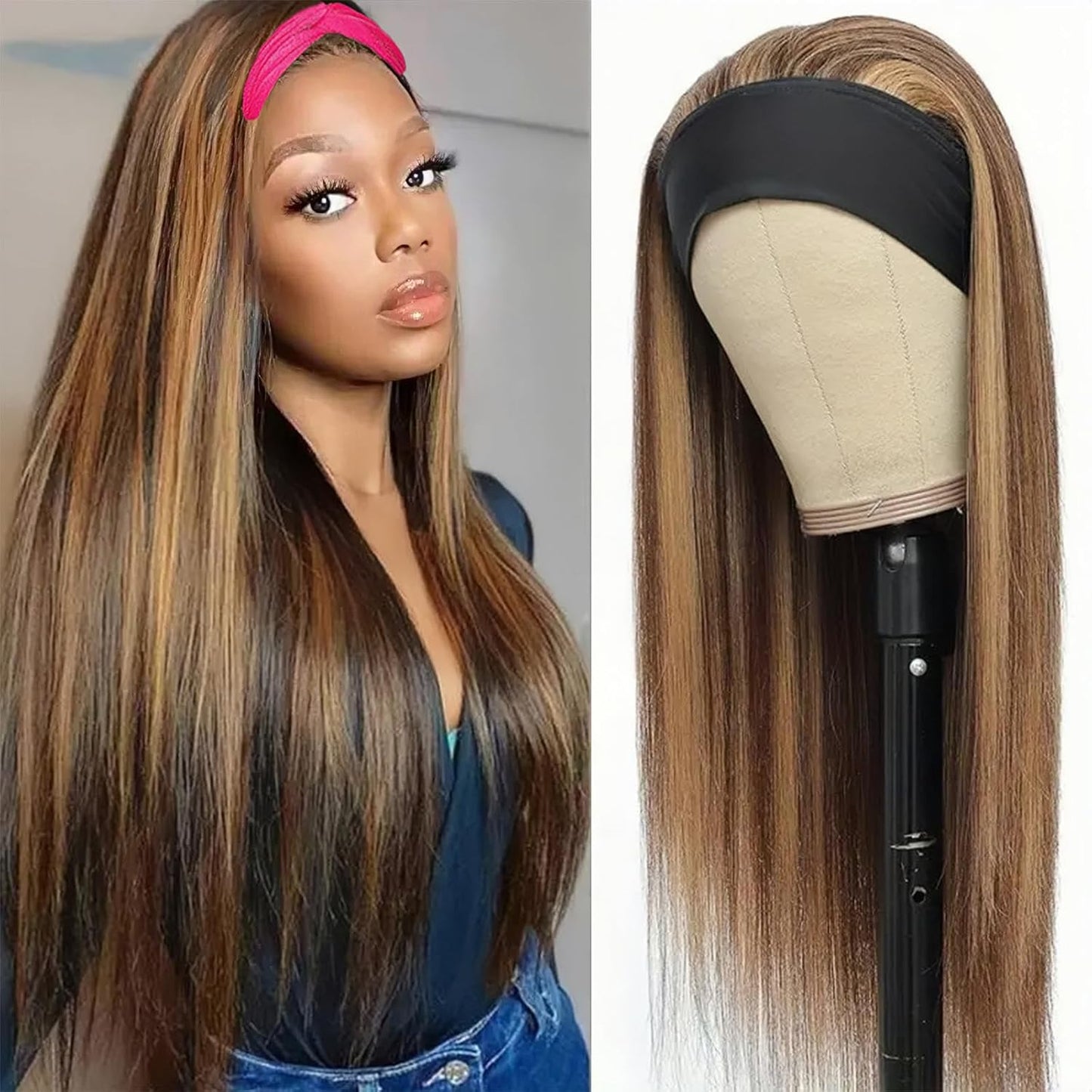Ombre Headband Wig - 22 Inch Straight Human Hair | Glueless #2/30 Highlights, 150% Density for Black Women