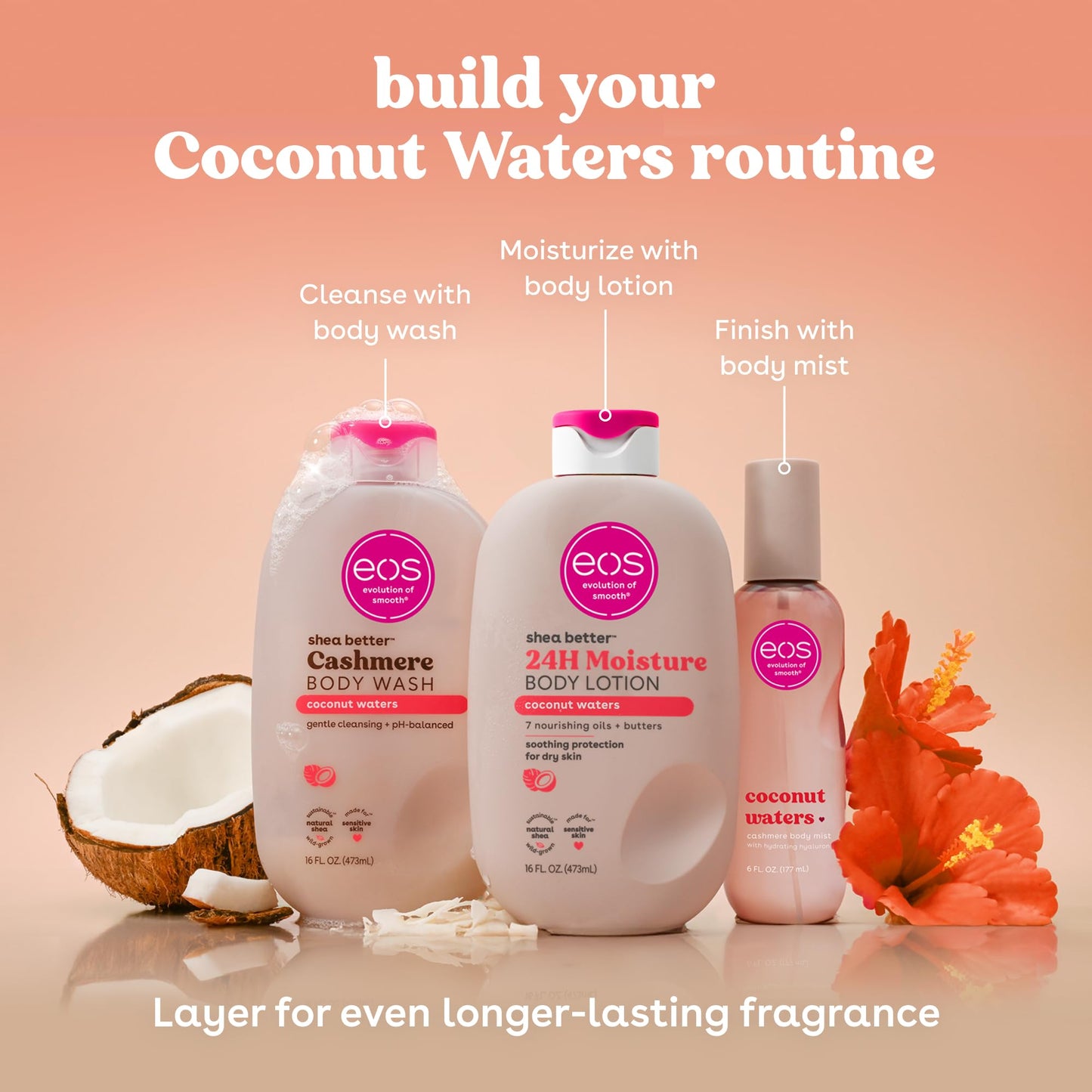 eos Cashmere Body Wash – Coconut Waters, Moisturizing Body Wash, Creamy Gel Formula, with Shea Butter, Glycerin, Vitamin E, pH Balanced, Sensitive Skin, Vegan, 16 fl oz