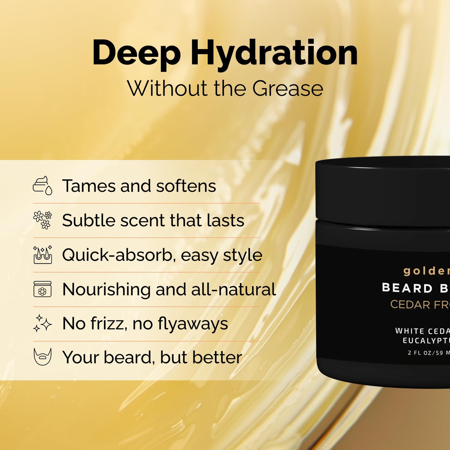 Golden Grooming Beard Balm - Tames Flyaways & Promotes Thicker Growth - Natural Styling Wax with Shea & Mango Butter - Relieves Beard Itch & Dandruff - Cedar Frost, 2oz