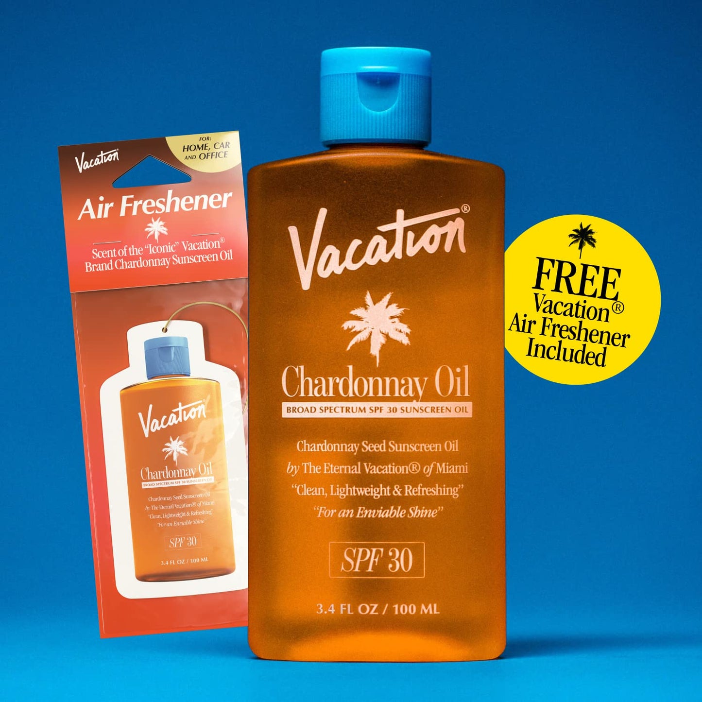 Vacation Chardonnay Oil SPF 30 Sunscreen Oil and Air Freshener Bundle, 3.4 Fluid Ounces - Hydrating, Lightweight, Reef Safe, Transparent on All Skin Tones, Tanning Glow, Vegan