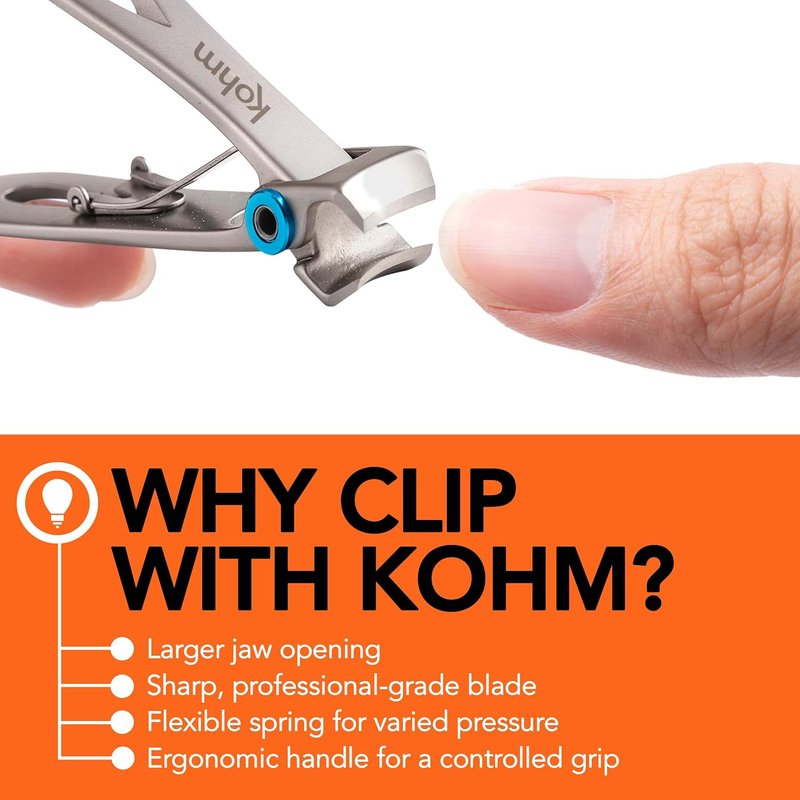 KOHM Nail Clippers Set - Heavy-Duty Wide Mouth Clippers for Thick Nails | Professional Silver Fingernail & Toenail Care