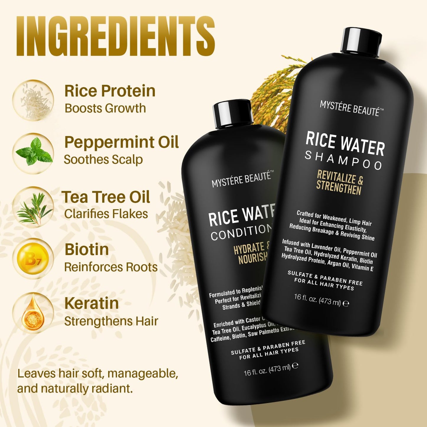 Rice Water Shampoo and Conditioner Set, Sulfate Free - 16 fl oz Each
