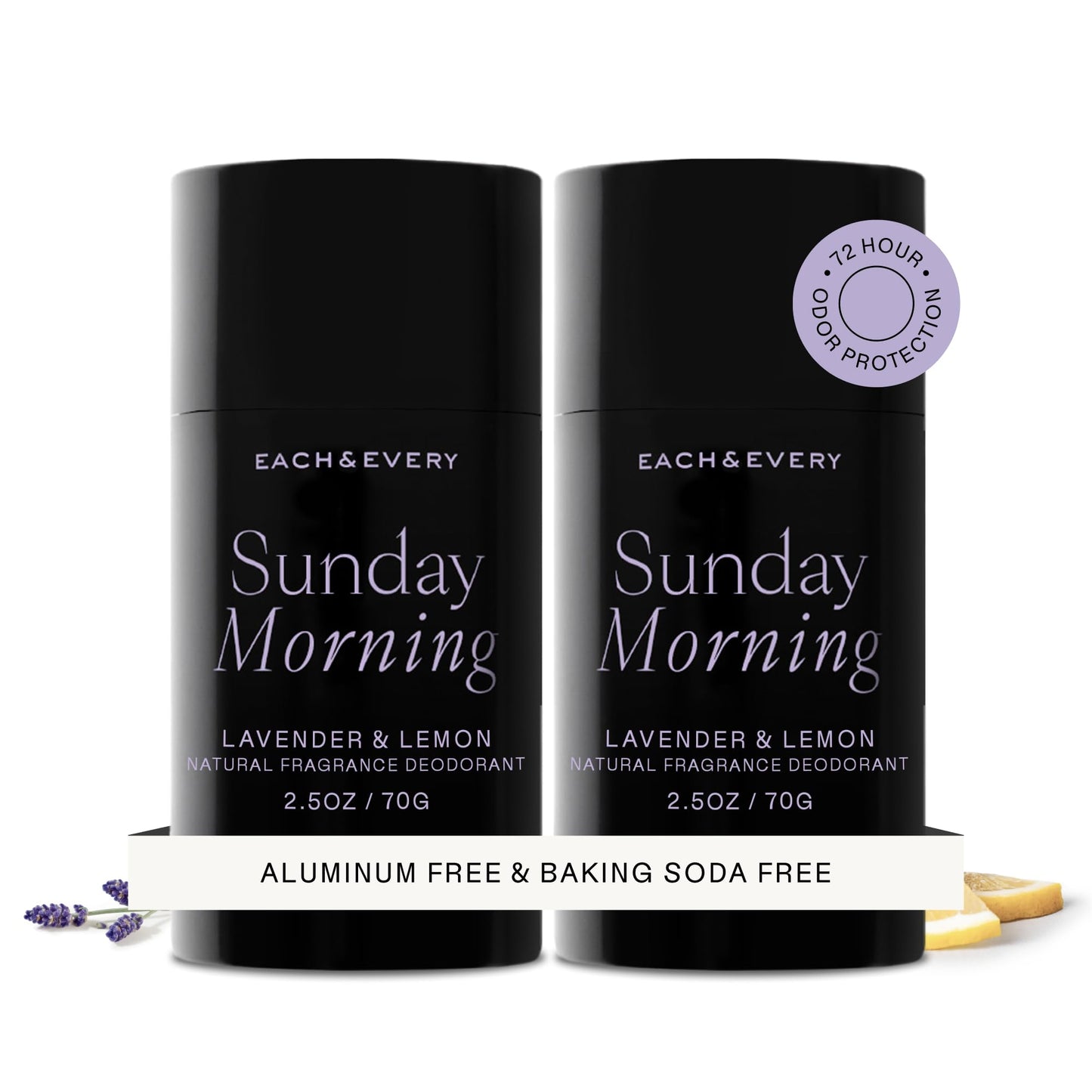 Each & Every Aluminum Free Deodorant for Women & Men, Lavender & Lemon - All Natural Deodorant for Sensitive Skin, EWG Verified - Clean, Baking Soda-Free, Plant-Based Fragrance - 2.5oz, 2 Pack