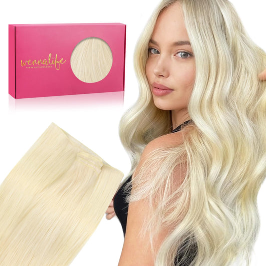 WENNALIFE Genius Sew in Weft Hair Extensions Real Human Hair, 14" 40g Platinum Blonde Sew in Hair Extensions for Women Natural Luxury Remy Hair Straight Invisible Extensiones de Cabello