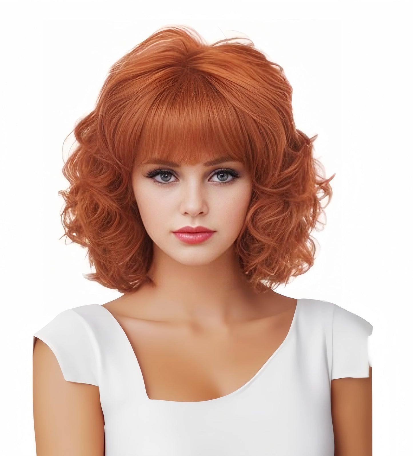 Gerulyss Short Copper Red Wigs for Women Auburn Wavy Shoulder Length Wig with Bangs Synthetic Ginger Curly Natural Wig for Role Play,Halloween,Daily Use