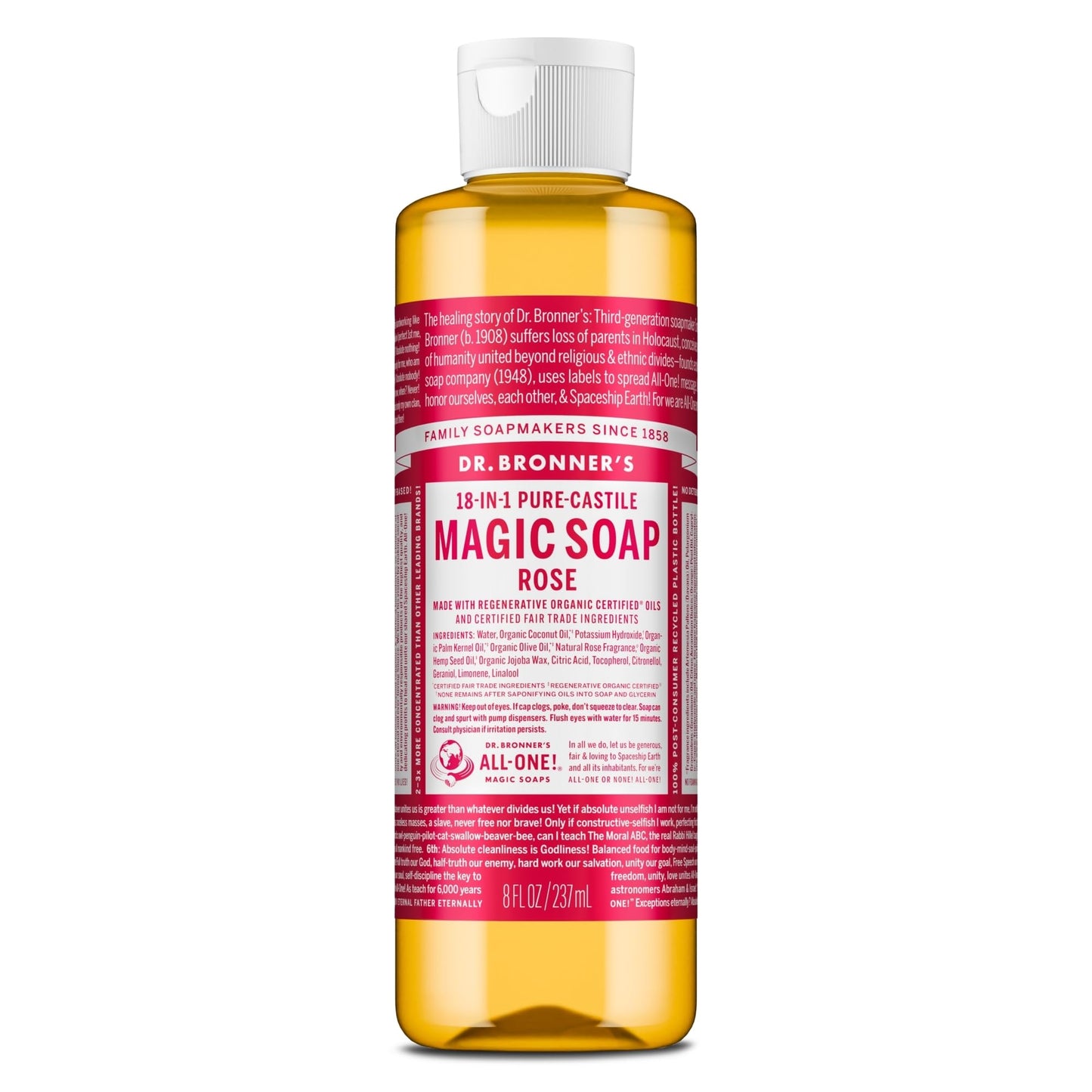 Dr. Bronner's - Pure-Castile Liquid Soap (Rose, 8 ounce) - Made with Organic Oils, 18-in-1 Uses: Face, Body, Hair, Laundry, Pets and Dishes, Concentrated, Vegan, Non-GMO