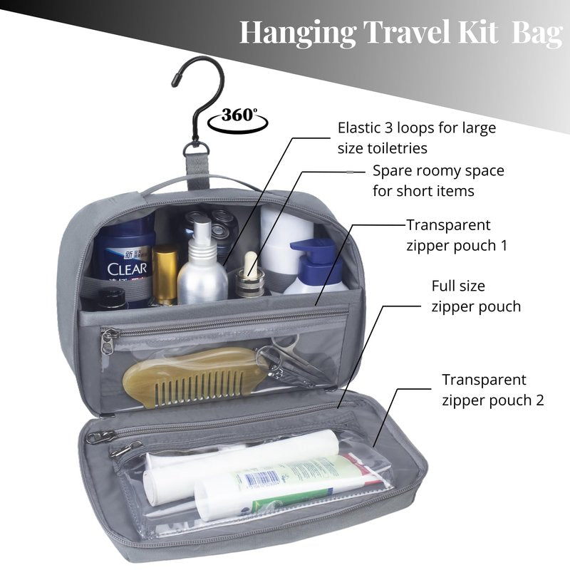 Cumbanho Hanging Toiletry Bag for Men, Toiletries Travel Kit with 360° Swivel Hook, Water-Resistant Nylon Dopp Kit,Shaving Bag with Clear Pockets Used for Trip,Daily or Gift,Graphite Gray