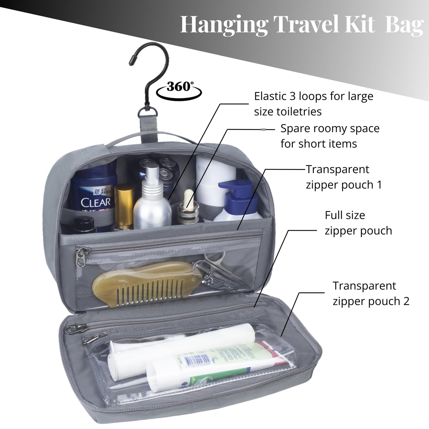 Cumbanho Hanging Toiletry Bag for Men, Toiletries Travel Kit with 360° Swivel Hook, Water-Resistant Nylon Dopp Kit,Shaving Bag with Clear Pockets Used for Trip,Daily or Gift,Graphite Gray