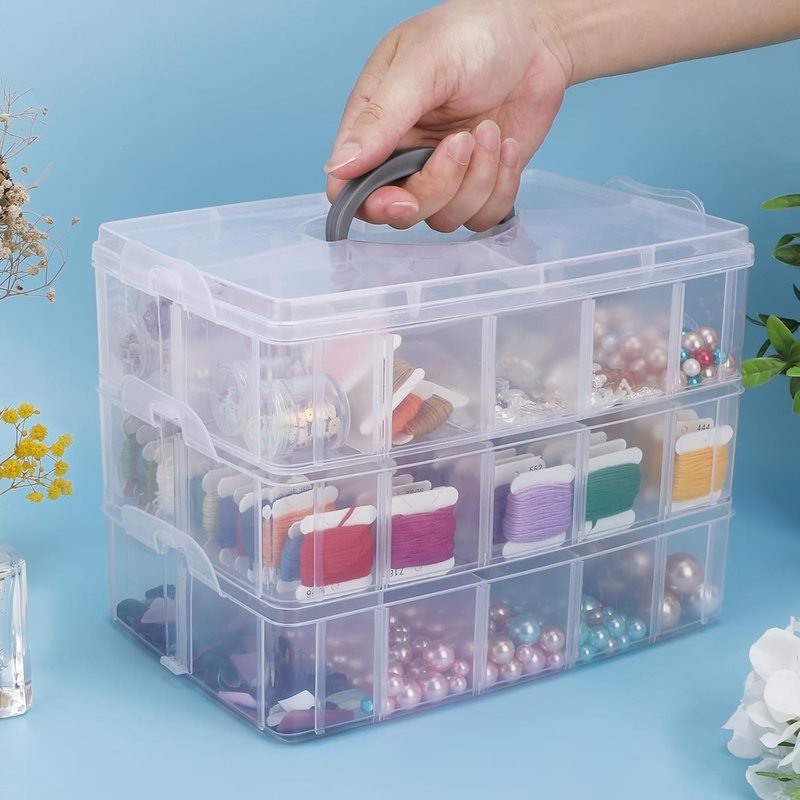Clear 3-Tier Stackable Storage Container - Adjustable Nail Art Organizer with 30 Compartments | Craft Supply Box