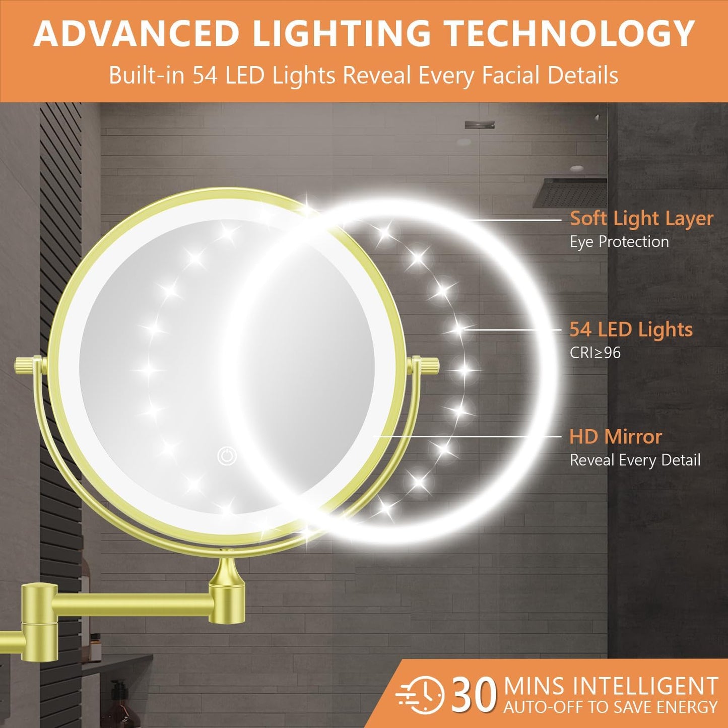 Auxmir Wall Mounted Makeup Mirror - 1X/30X Double-Sided Magnifying, Dimmable 3-Color Light, 360° Rotation | 8" Gold Finish