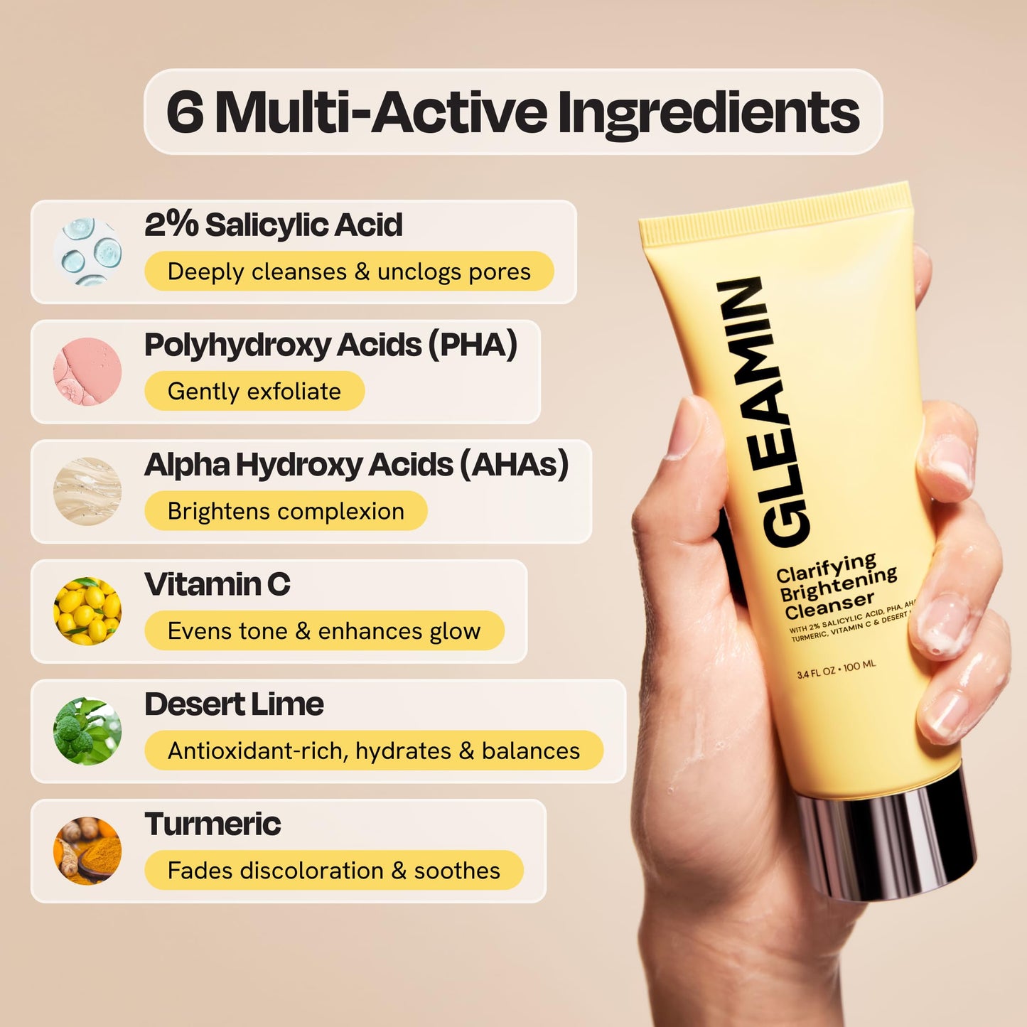 Gleamin Clarifying Brightening Cleanser - 2% Salicylic Acid with Vitamin C Facial Cleanser, PHA & AHA, Unclogs Pores, Gently Exfoliates for All Skin Types, Fragrance Free - 3.4 fl oz