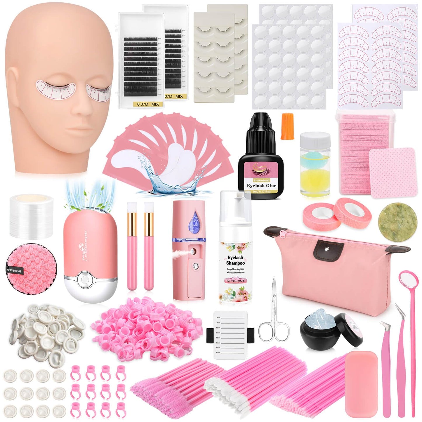 Tetutor Lash Kits Extensions Kit for Beginners, Eyelash Lash Extension Kit for Beginners with Lash Mannequin Head, Lash Extension Practice Kit Starter Kit with Everything USB Fan, Lash Glue, Shampoo