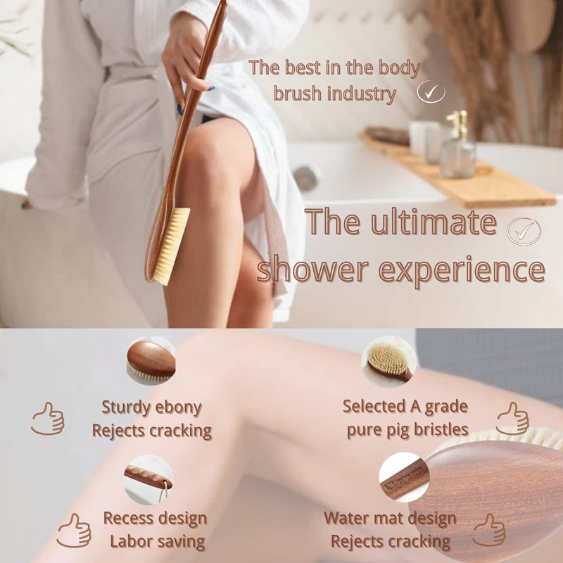 Focused on the Bathing Experience with Dry Brushing Body Brush, Long Wooden Handle with Back Scrubber,Shower Brush for exfoliator Skin and Remove Dead Skin Cells,for Advanced Users Dry Body Brush