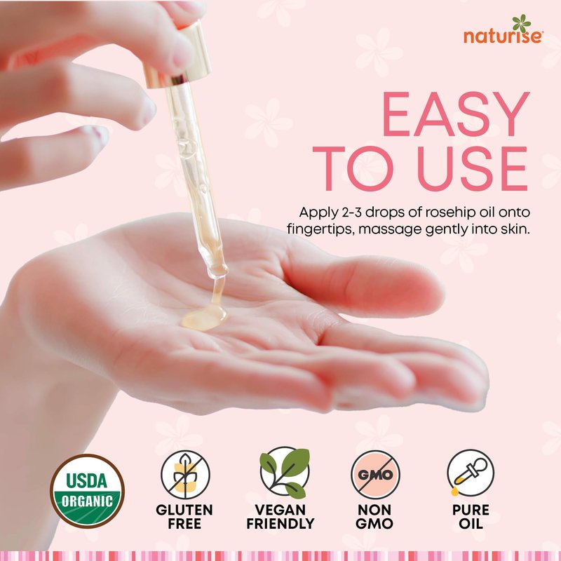 Naturise Organic Rosehip Seed Oil for Face, 100% Pure, Natural Cold Pressed Rose Hip Oil for Skin, Hair, Nails and Body Care (4 FL. OZ.)