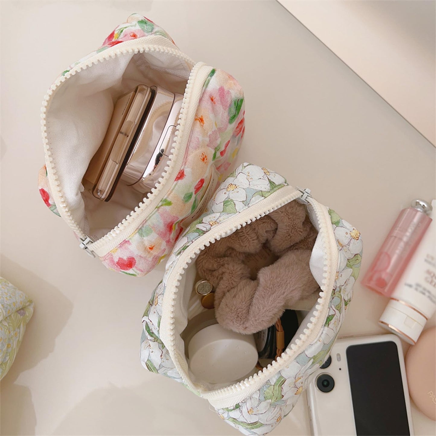 Sminra 2 Pcs Floral Makeup Bag Large Travel Cotton Quilted Cosmetic Makeup Bag Organizer, Cute Coquette Aesthetic Zipper Portable Pouch Purse Storage Toiletry Bag for Women Girls accessories
