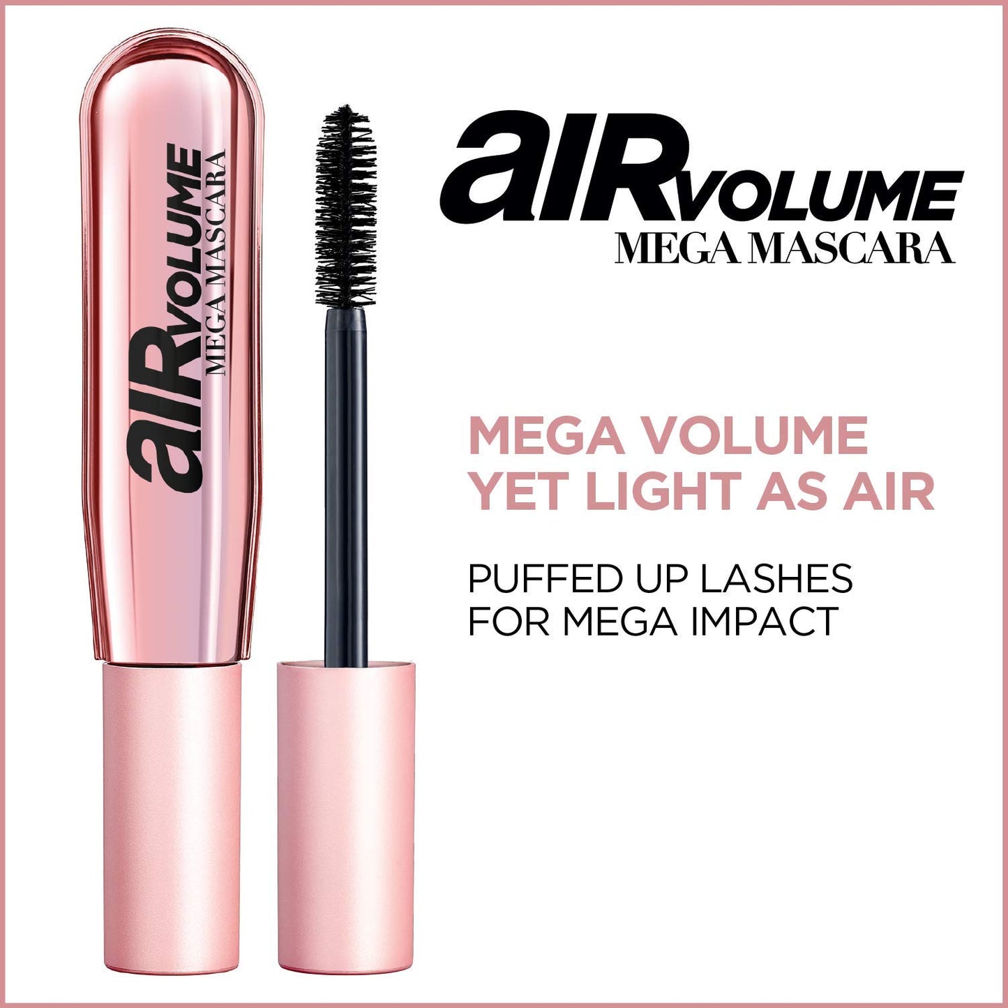 L'Oreal Paris Makeup Air Volume Mega Mascara, Lightweight & Long-lasting Volumizing Mascara for Voluminous Eyelashes, Washable Blackest Black, 0.3 Fl Oz (Pack of 2)