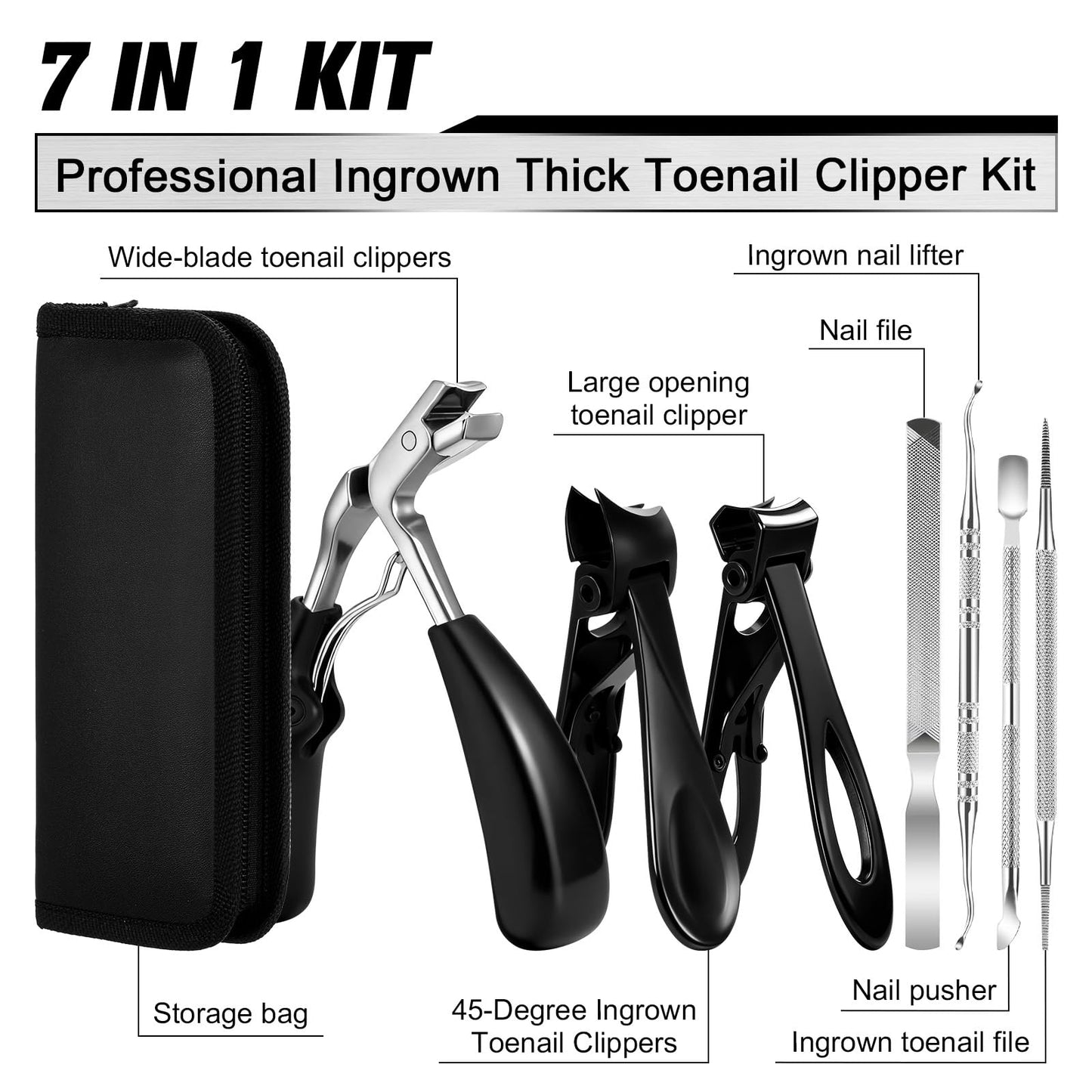 Toenail Clippers for Seniors Thick Toenails, 7-in-1 Ingrown Toe Nail Clippers, Professional Large Podiatrist Toenail Clippers Manicure Pedicure Kit for Men Women