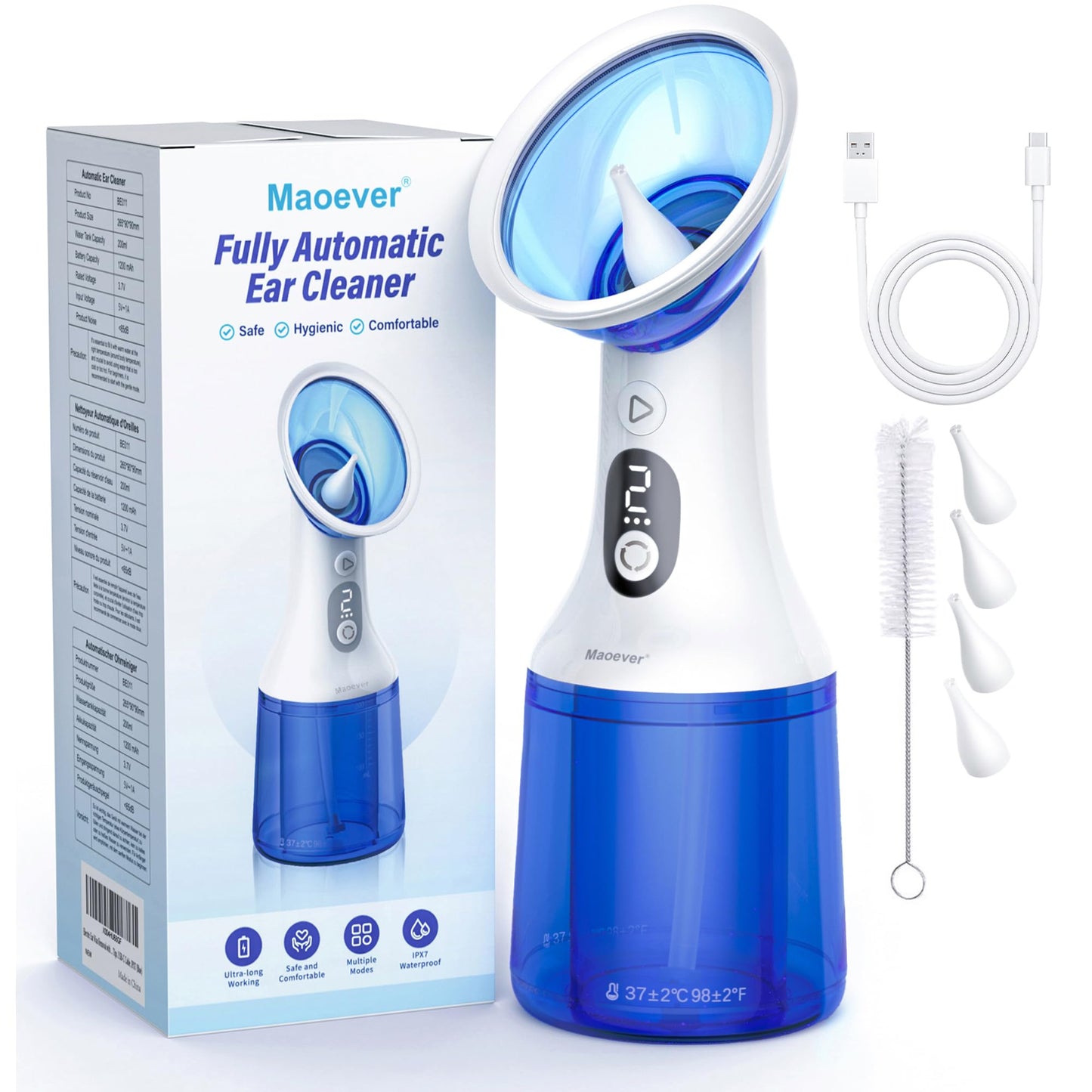 Electric Ear Wax Removal with One-Piece Waste Tank, Water Powered Ear Cleaner with 4 Pressure Modes for Earwax Remove at Home, USB-C Cable, IPX7 (Dark Blue)