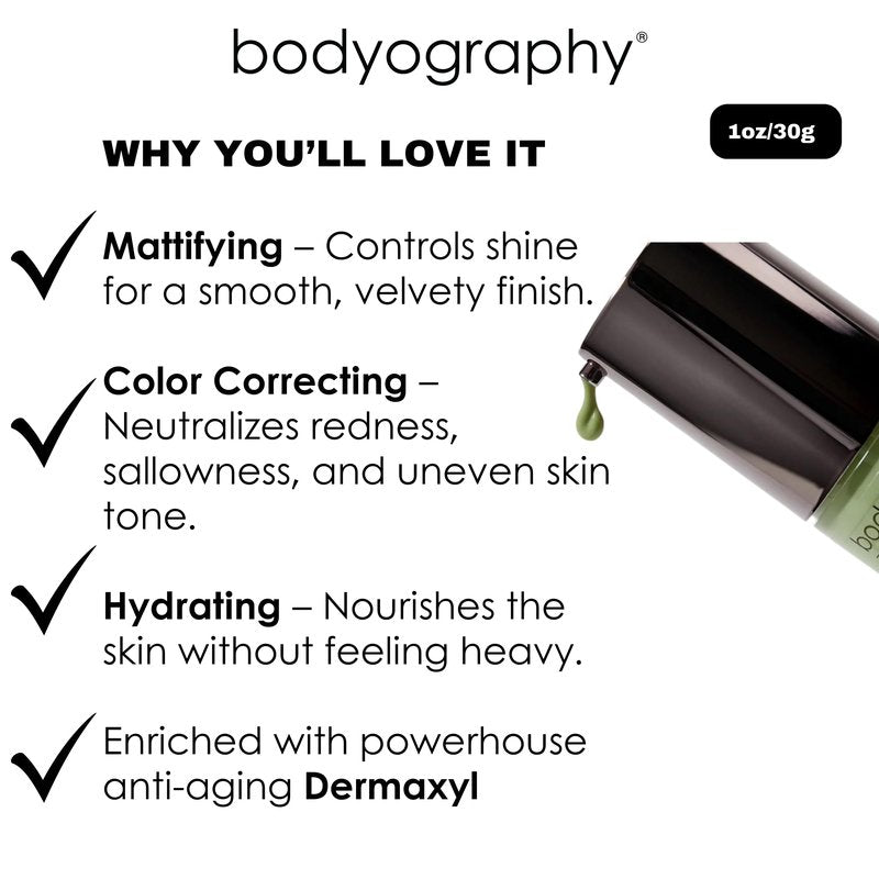 BODYOGRAPHY Foundation Primer | Flawless Anti-Aging Makeup Base with Vitamin E, A, Jojoba & Grapeseed Oil | Shine Control, Smooth Finish | Salon-Quality, Gluten-Free, Cruelty-Free | 1 oz