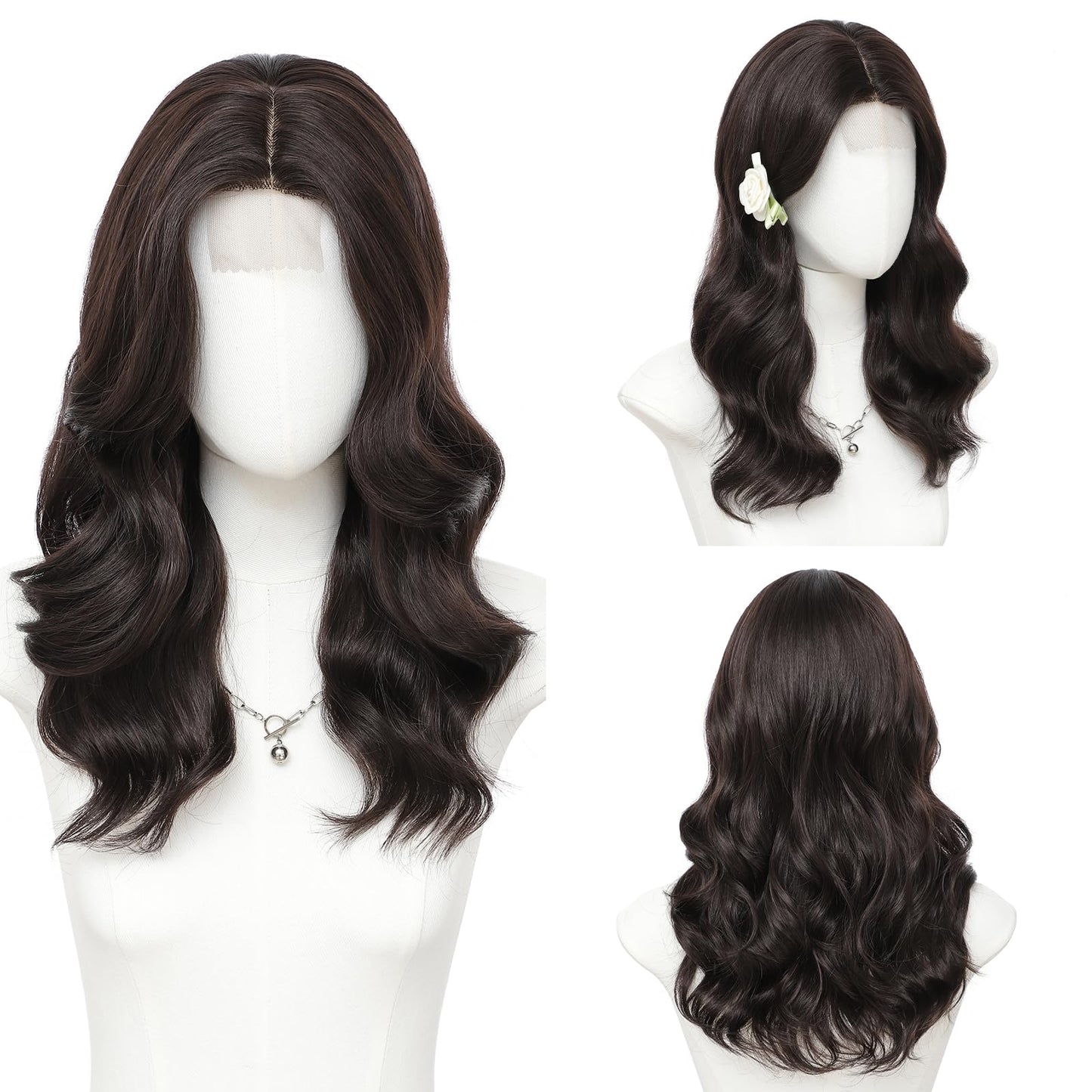 Niceone Hair 18 Inch Dark Brown Wig for Women, Middle Part Medium Length Wavy Synthetic Hair Wig, Upgraded Strands Natural Hairline Design for Daily Party Halloween(Dark Brown,18 Inch)