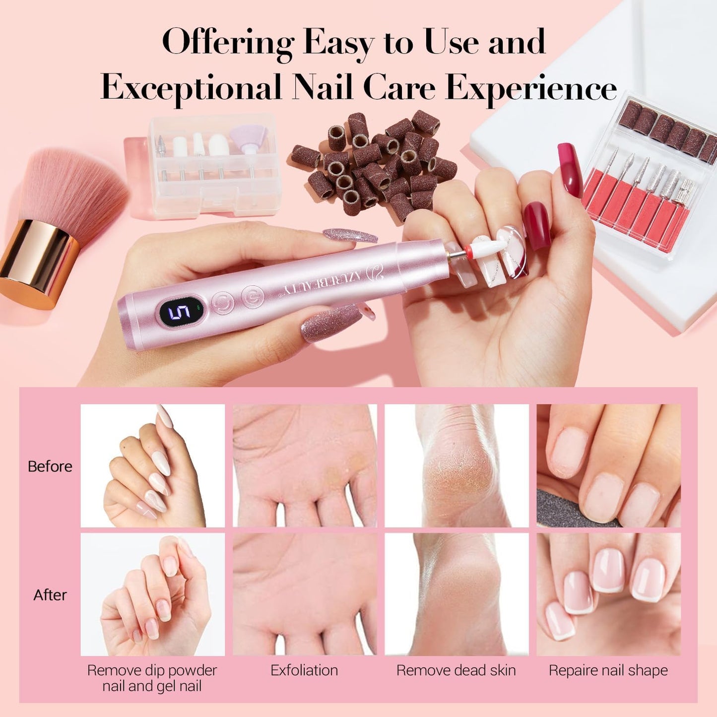 AzureBeauty Dip Powder Nail Kit with Electric Nail Drill, 24 Colors Nude Pink Glitter Nail Powder Starter Kit with Dip Liquids Base Top Coat Activator Portable Manicure French Nail Art Essential Set