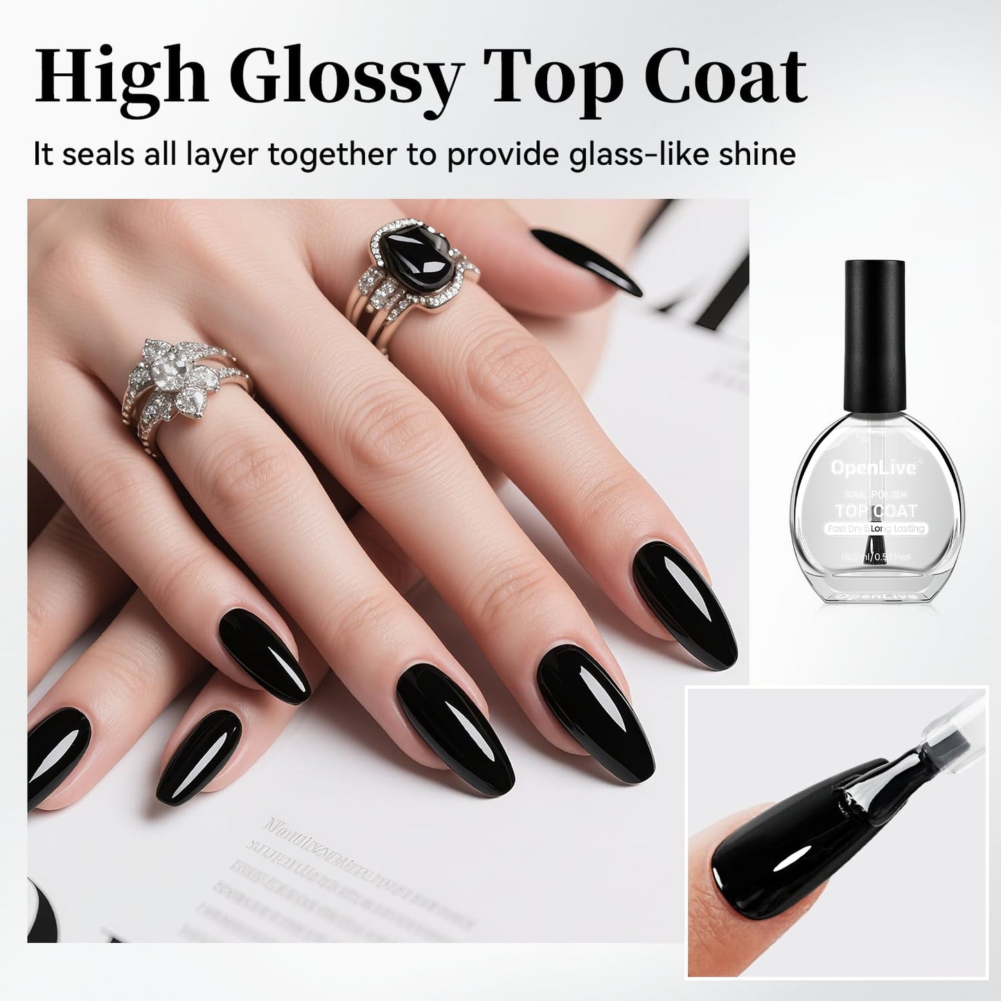OpenLive 16.5ml Top Coat Clear Nail Polish, Quick Dry High Gloss Shine Large Volume Top Coat, Long Wear and Scratch Resistant for Women Salon DIY Nail Art