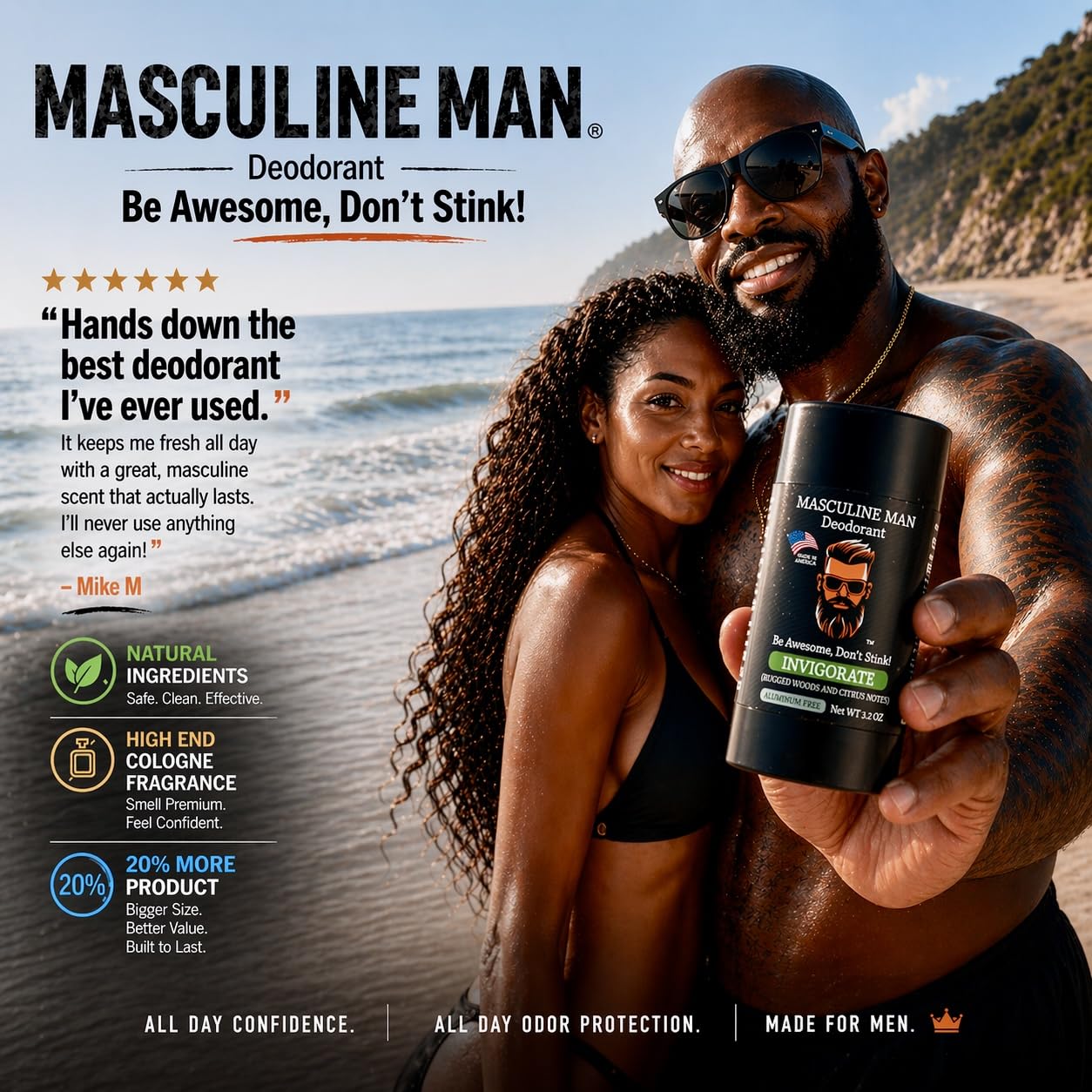 Aluminum-Free Men's Deodorant - Natural Sweat Protection | Stain-Free Stick, 3.2oz (Pack of 2)