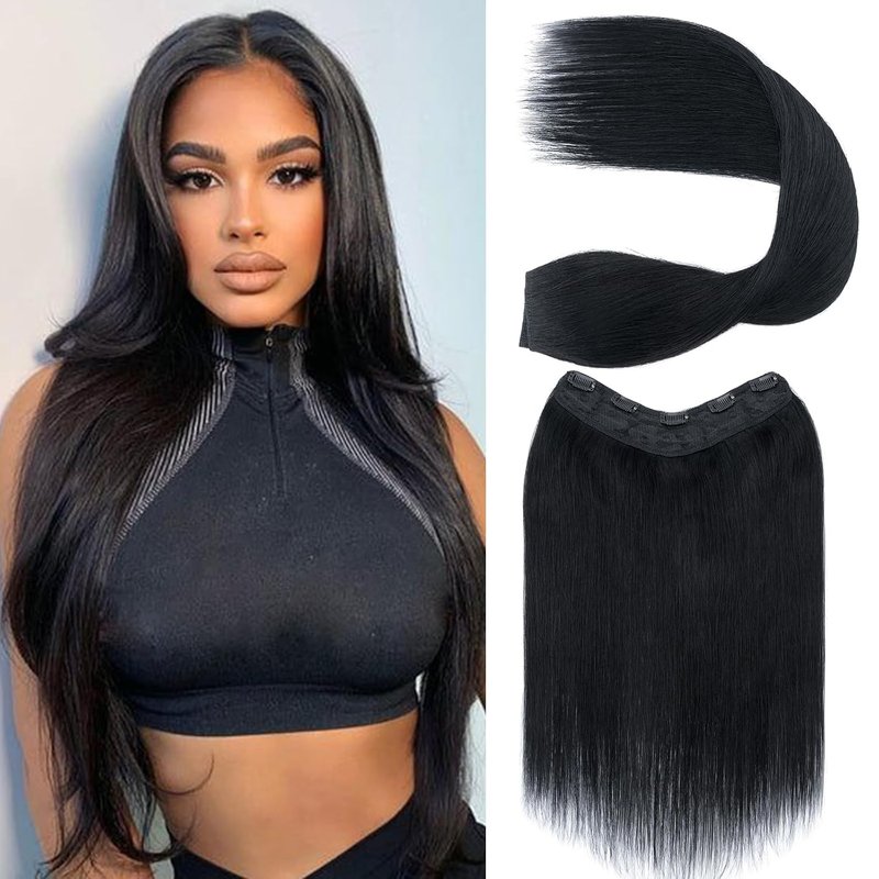 One Piece Clip-In Hair Extensions - Human Hair V Part Weft, Thicker Lace Net, 14" | #01 Jet Black