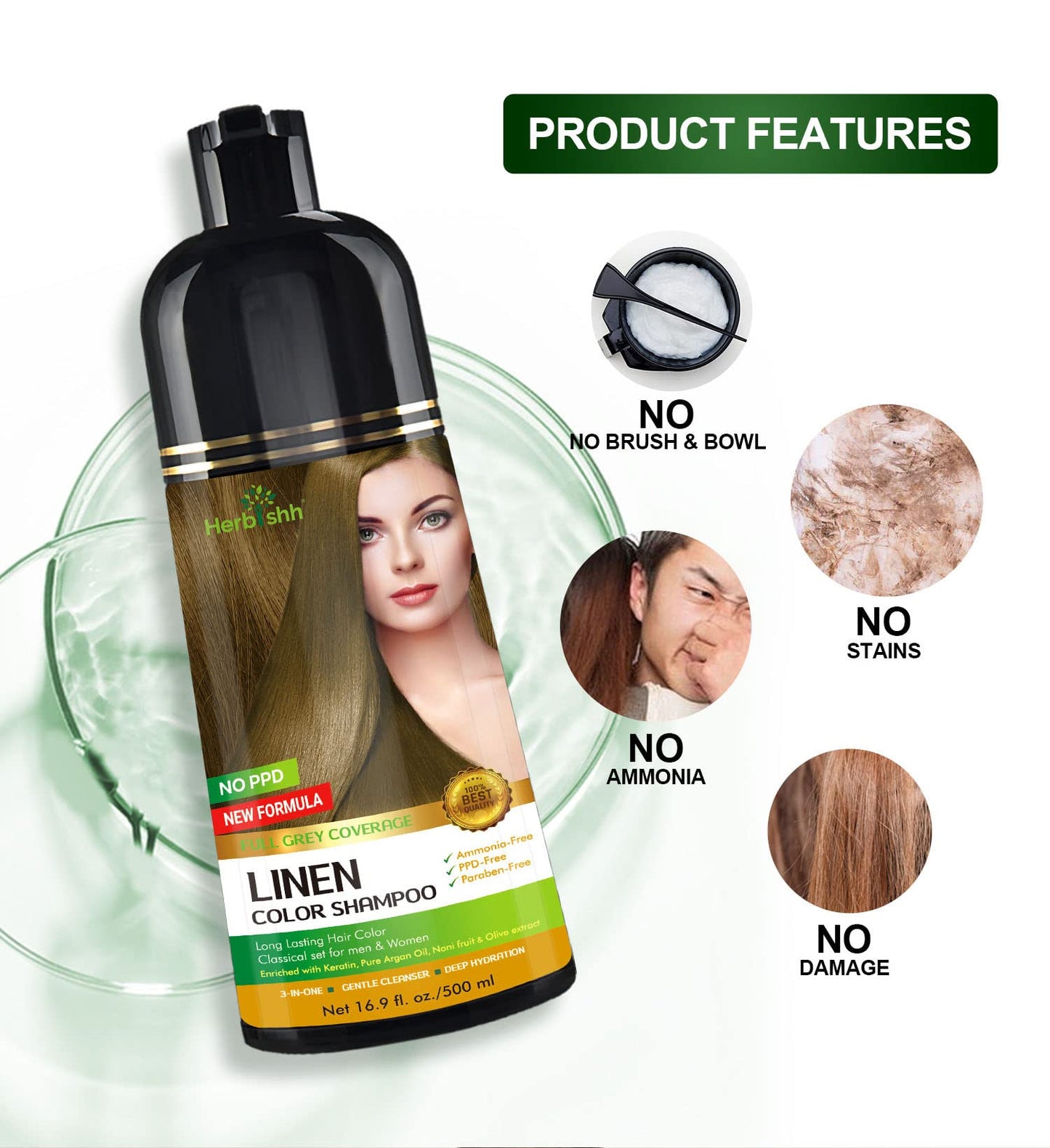Herbishh Hair Color Shampoo for Gray 500 ML Linen + Vitalizer Serum, Hair Strengthener, Thinning, Promotes Thicker, Stronger Hair