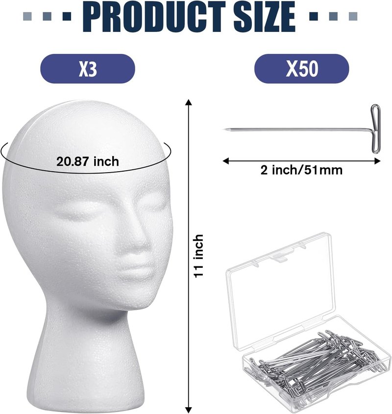 3 Pcs Foam Wig Head Set - 50 T Pins for Mannequin Display | 11 Inch Foam Stand for Hairpieces, Hats, and Cosmetics