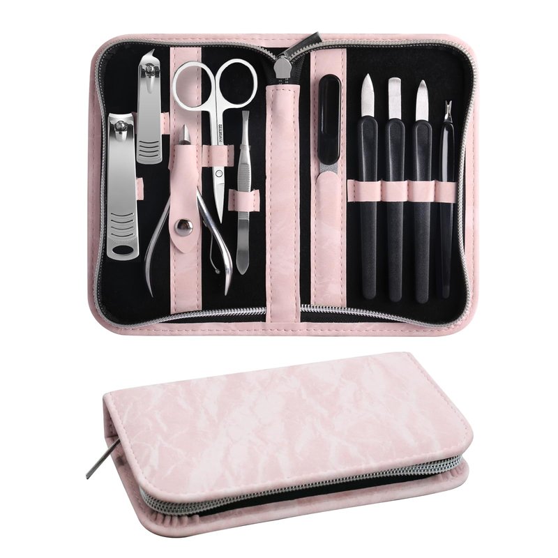 SOPOLISE Manicure Pedicure Set, Nail Clipper Set 10-Piece Set Professional Manicure Kit Nail Kit with Portable Pink Travel Case Gift for Men Boyfriend Parent