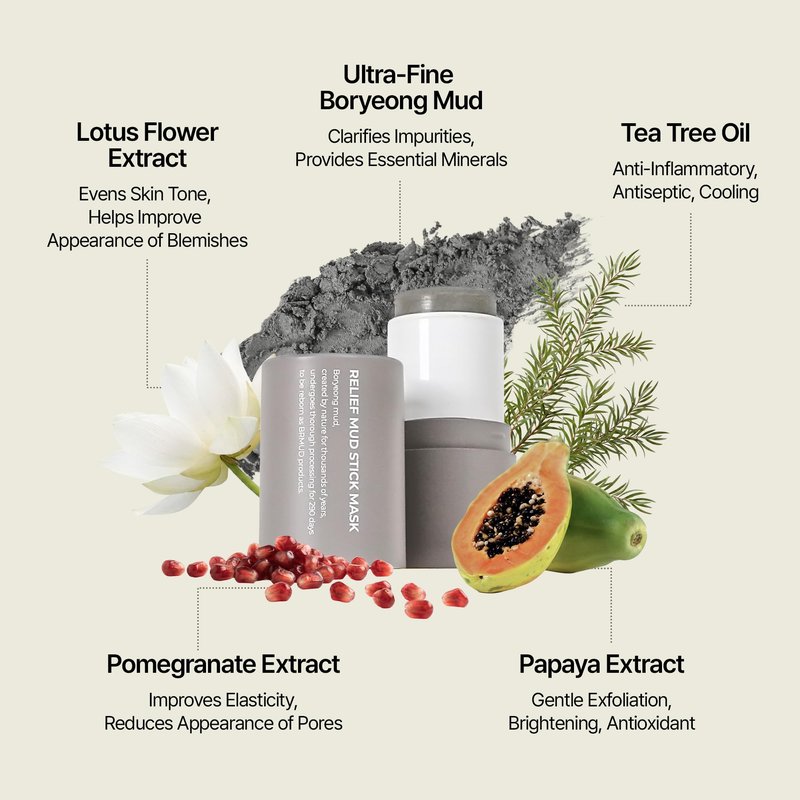 BRMUD Relief Mud Stick Mask | ATEEZ Pick- 3-Minute Pore Mask Skincare w/Boryeong Mud, Tea Tree Oil & PHA – Absorbs Oil, Decongests Pore & Smooths Skin – Korean Clay Stick Mask (1.05 oz)