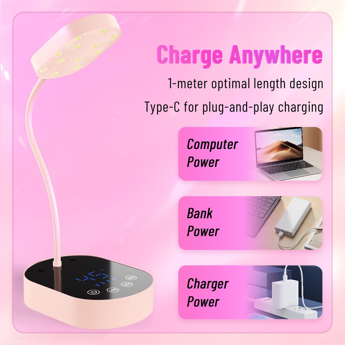 TCHMCITY Flash Cure lamp, 36W Mini Cordless Gel x Nail Lamp Flash Cure, Auto Sensor Gooseneck Portable USB Gel Nail Dryer U V Light with 3 Timers and LCD Display for Home DIY