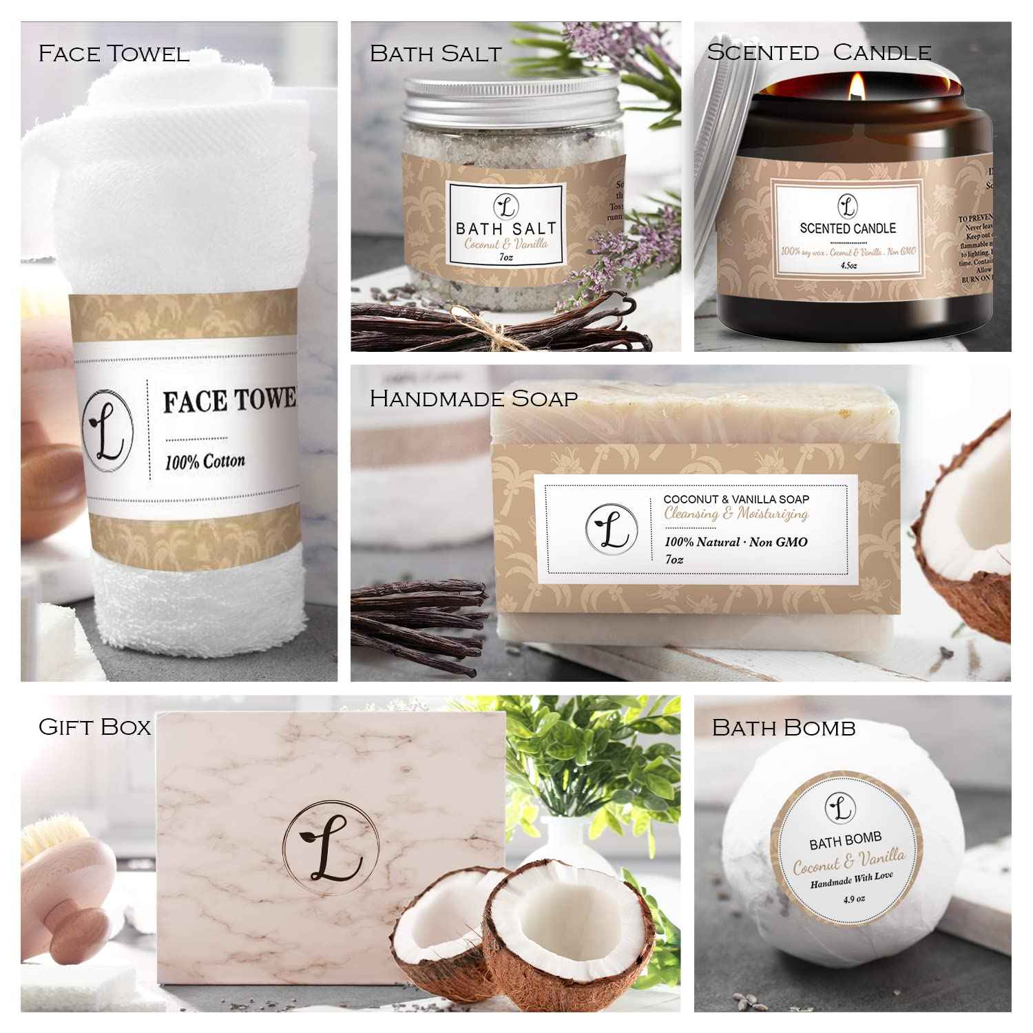 Spa Gift Set, Natural Coconut & Vanilla, Gift Box Includes: Bath Bomb, Bath Salt, Hand Soap, Scented Candle, Face Cloth and Gift Box. Best Gift for Her.