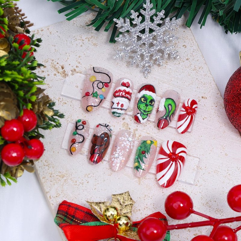 30Pcs Christmas Press on Nails Medium Almond Fake Nails with Colorful Rhinestones Light Strip Xmas Tree Cartoon Design Cute Holiday Stick on Nails 3D Handmade Christmas False Nails for Women Grils DIY