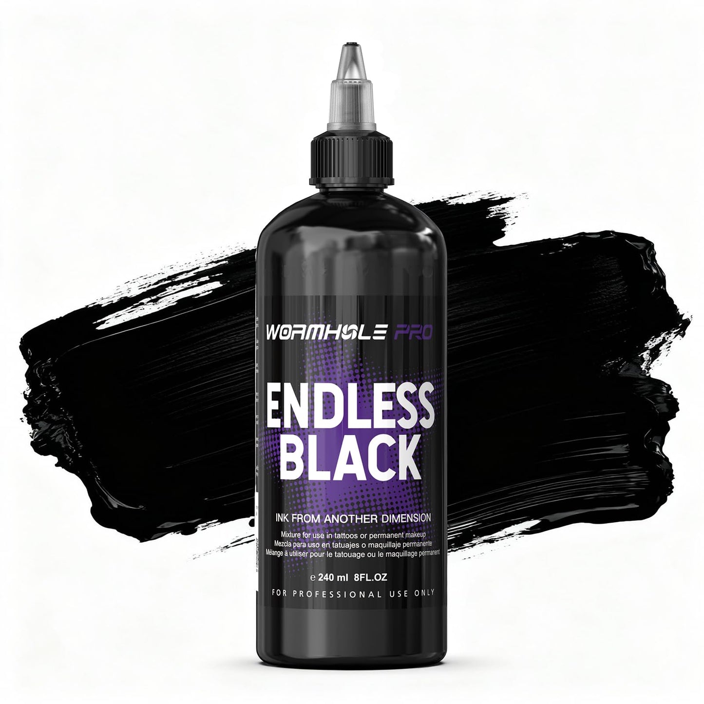 WORMHOLEPRO Endless Black 240ml (8oz) Professional Tattoo Ink, Ultra-Deep Black Ink for Shading, Linework & Blackout Tattoos – High-Density, Vegan – Bulk Tattoo Ink