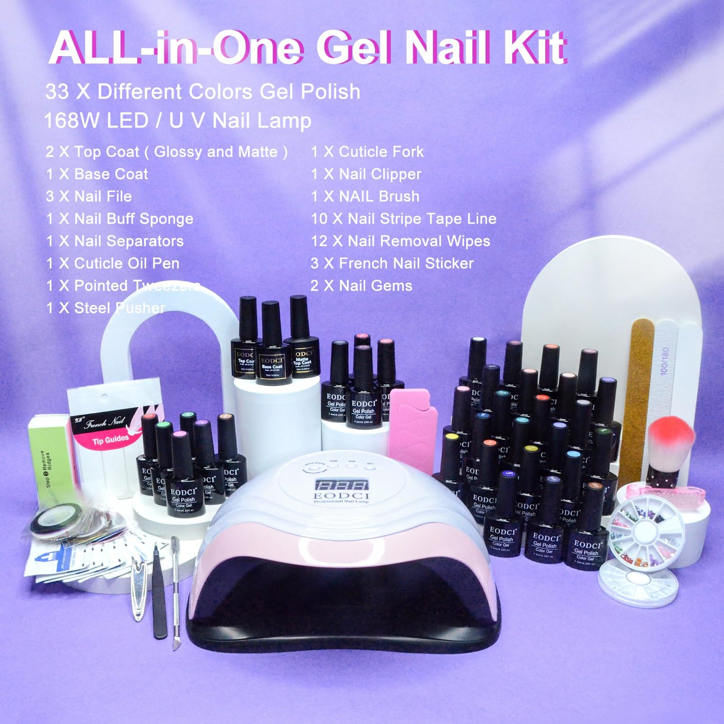 EODCI 76 PCS Gel Nail Polish Kit with U V Light, 33 Colors Gel Nail Orange Brown Red Nail Polish Set 168W Nail Lamp, No Wipe Base Top Coat & Manicure Tools Starter Kit DIY Home Salon Gifts